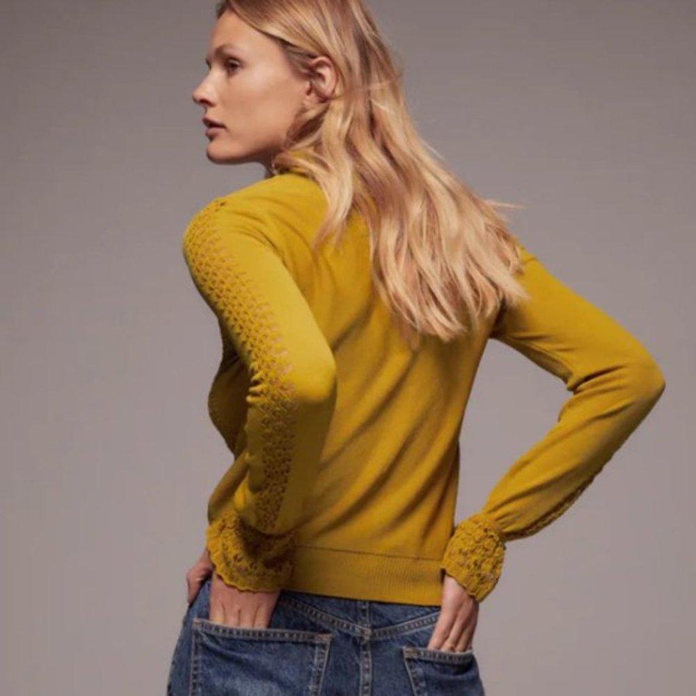 Zara Mustard Yellow Ruffled Knit Sweater S - Picture 3 of 7